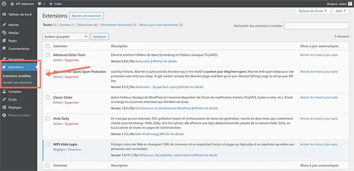 Les extensions dans le tableau de bord WordPress.