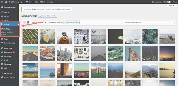 La médiathèque dans le tableau de bord WordPress.