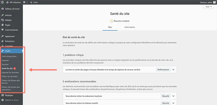 WordPress back-office : la section outil.