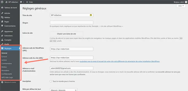 WordPress back-office : la section réglage.