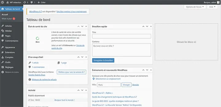 Tableau de bord WordPress