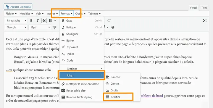 Justifier un texte sur WordPress avec le plugin Advanced Editor Tools.