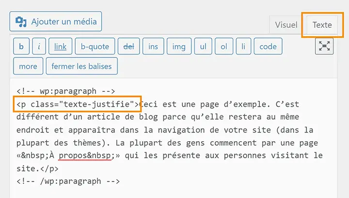 Ajouter une classe CSS avec l'éditeur de texte classique.