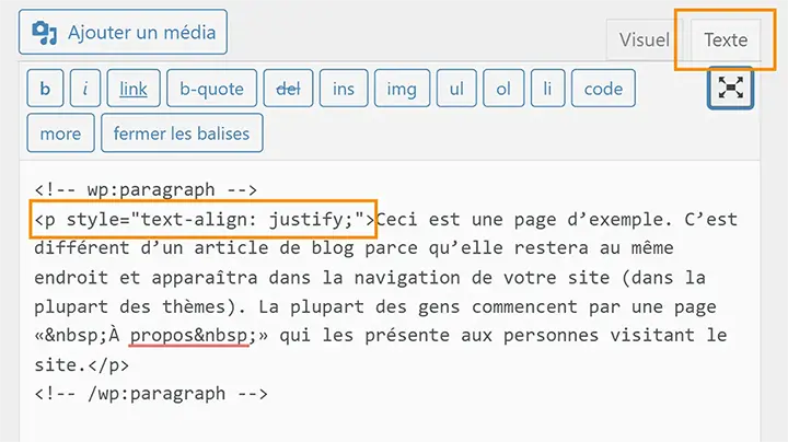 Justifier un texte sur WordPress avec l'éditeur classique : CSS en ligne.