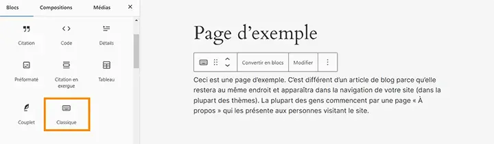 Bloc classique de l'éditeur de texte Gutenberg