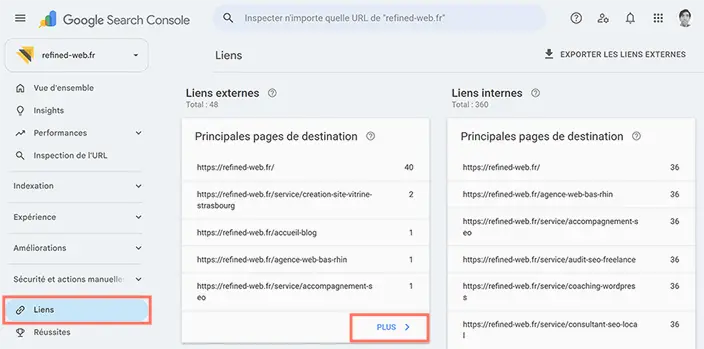 Backlinks par page dans le rapport Liens de Google Search Console avant une refonte SEO