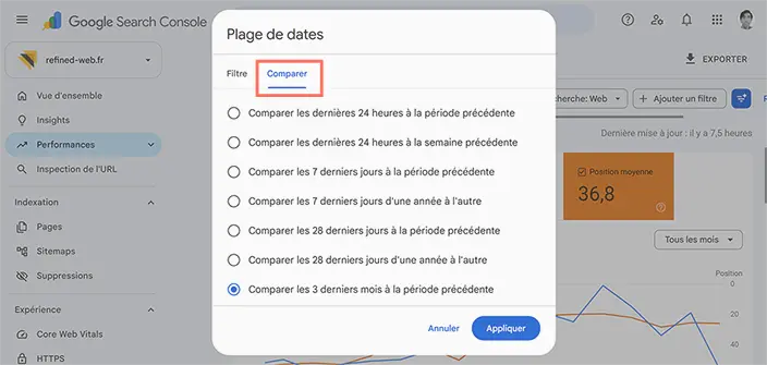 Comparaison de périodes dans Google Search Console pour vérifier le SEO après une refonte de site