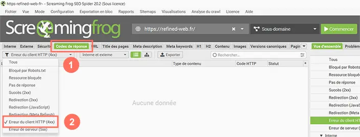 Recherche des erreurs 404 dans l'onglet Codes de réponse de Screaming Frog