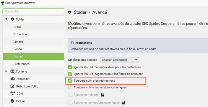 Activation de l'option Toujours suivre les redirections dans Screaming Frog après une refonte SEO