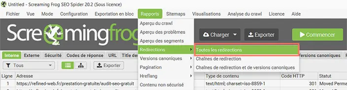 Accès au rapport Toutes les redirections de Screaming Frog
