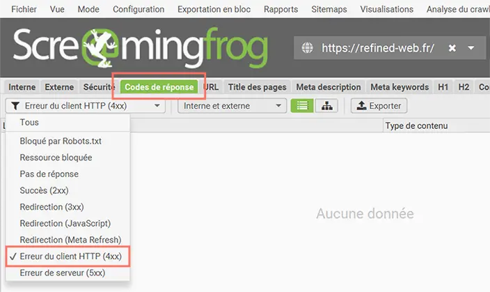 Onglet Codes de réponse de Screaming Frog avec le filtre Erreur du client HTTP 4xx