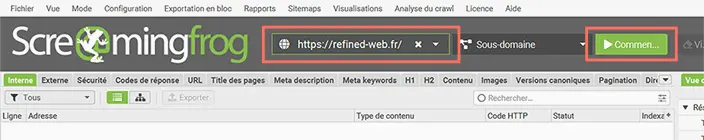 Champ d’URL et bouton Commencer de Screaming Frog pour lancer l'exploration du site