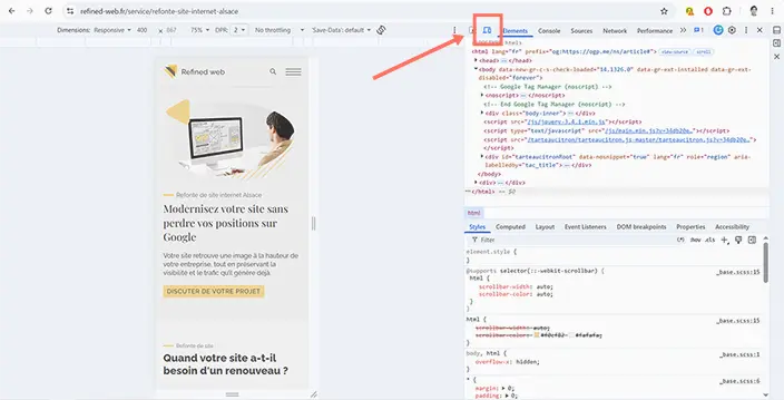 Mode responsive des outils de développement Chrome pour vérifier l'affichage du site refait