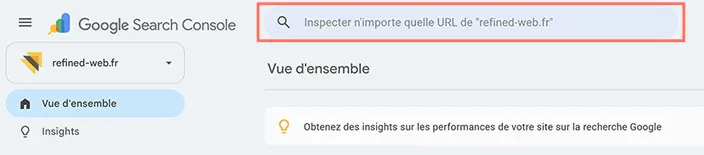 Barre d'inspection d'URL de la Google Search Console pour demander l'indexation après la refonte