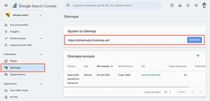 Sitemaps dans Google Search Console, adresse du sitemap du nouveau site et bouton Envoyer