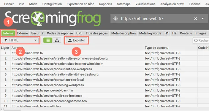 Onglet Interne de Screaming Frog, filtre HTML et bouton Exporter pour lister les pages du site