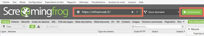 Champ URL de Screaming Frog rempli avec l'adresse du site à auditer avant la refonte