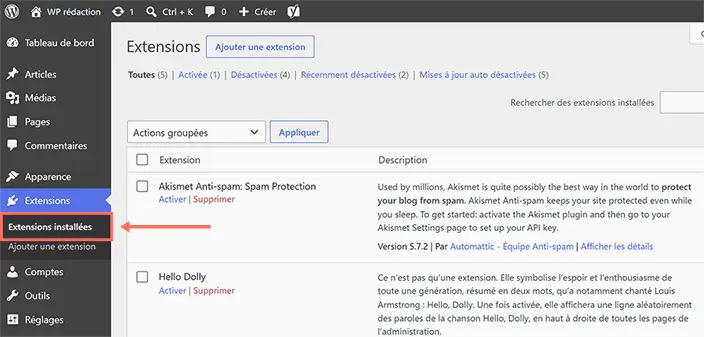 Menu Extensions installées de l'administration WordPress, ouvert pour l'inventaire avant refonte