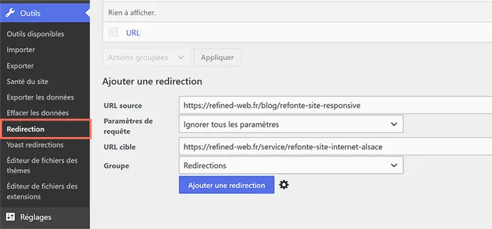 URL source et URL cible saisies dans l'extension Redirection de WordPress pour la refonte SEO