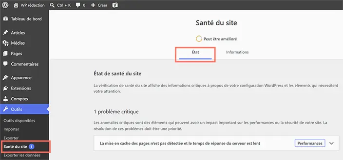 Outils puis Santé du site dans WordPress, onglet État signalant un problème critique