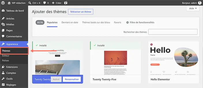 Menu Apparence puis Thèmes dans WordPress, choix du thème pour la refonte graphique du site